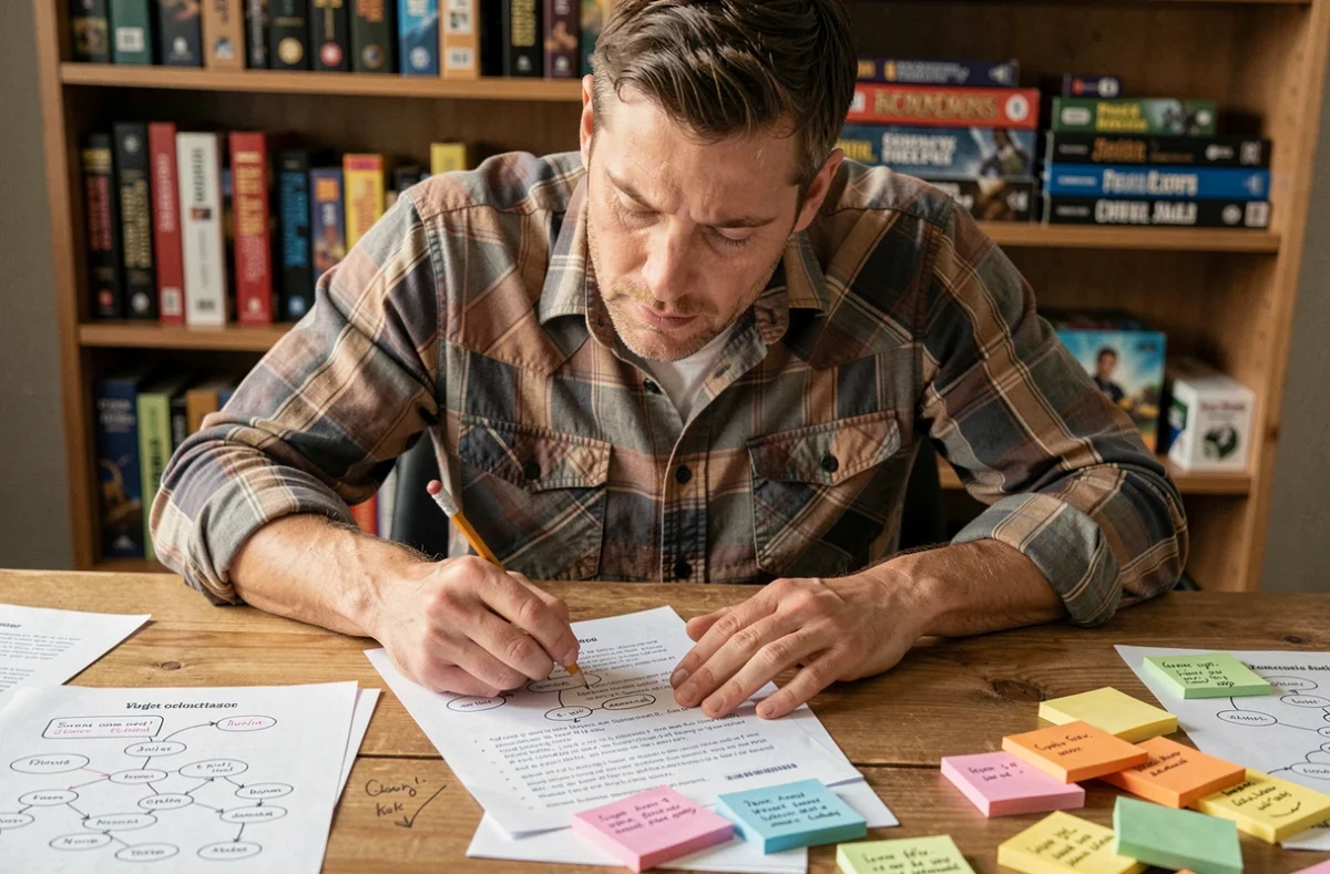 Maître de jeu étudiant l'ordre des dialogues et les déplacements sur ses notes manuscrites pour une session de jeu de rôle