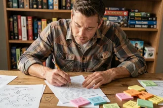 Maître de jeu étudiant l'ordre des dialogues et les déplacements sur ses notes manuscrites pour une session de jeu de rôle