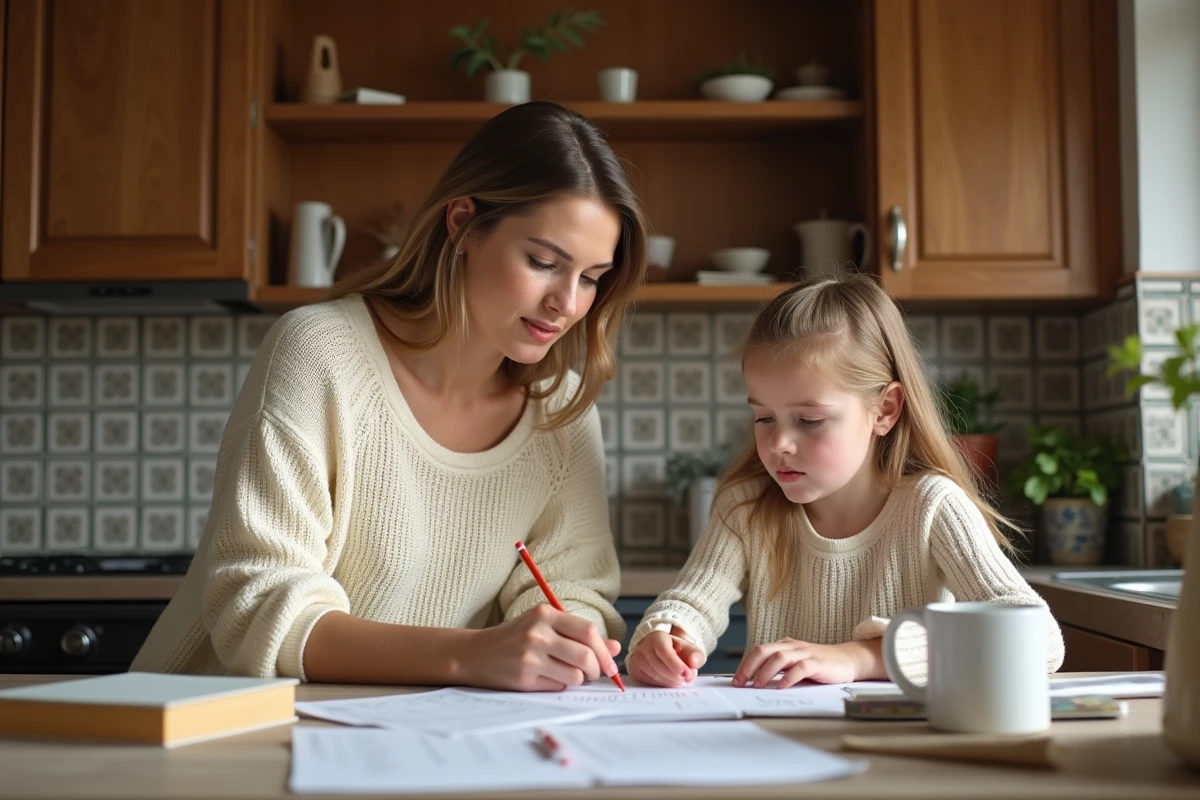 Femme aidant sa fille pour devoirs de français à la maison