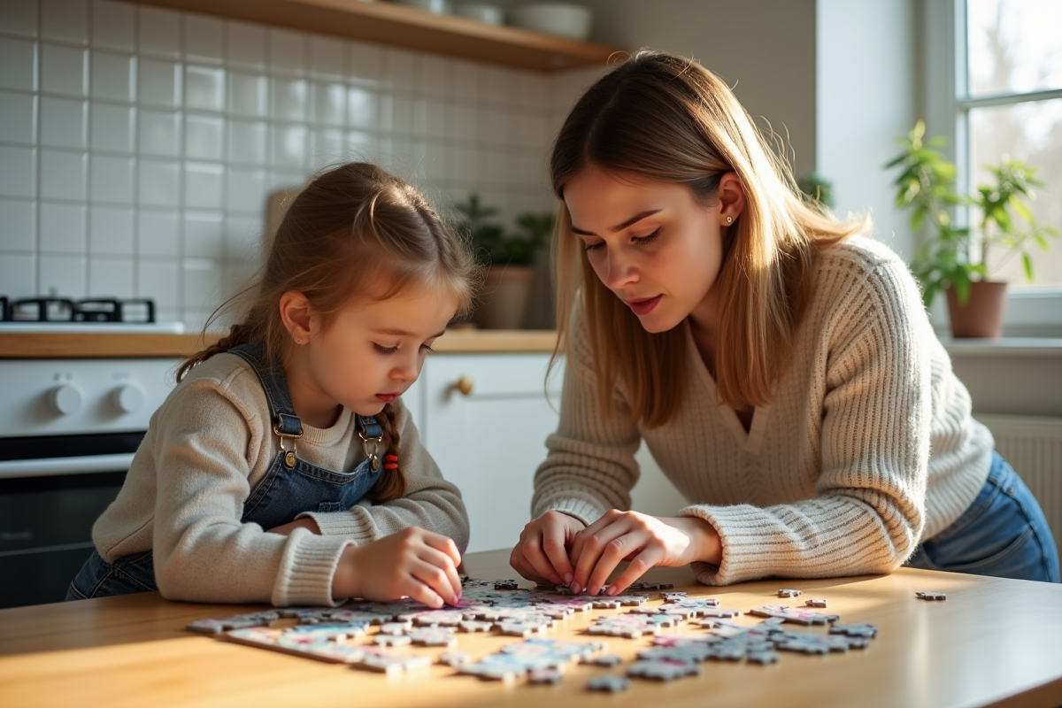 Maman et fille en train de faire un puzzle dans la cuisine