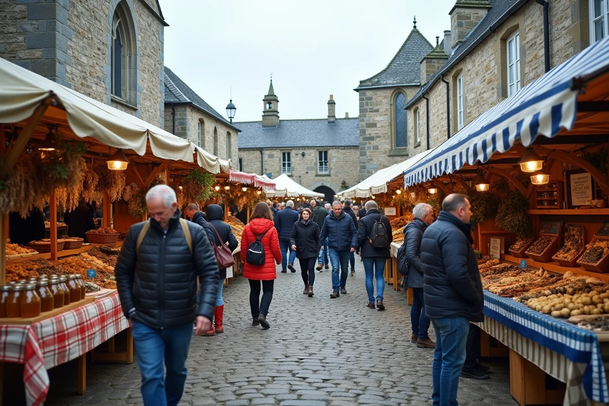 Vue d'ensemble animée du marché hebdomadaire de Plouguerneau avec stands de produits locaux, artisanat breton et habitants en place du village