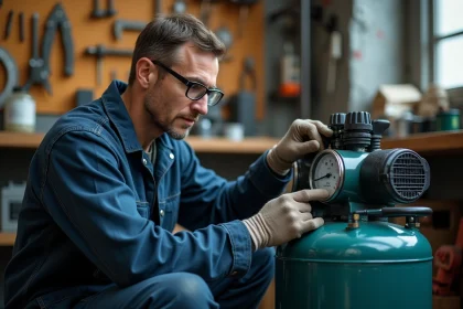 Mécanicien vérifiant la pression d'un compresseur d'air affichant 35 psi dans un atelier de garage