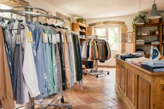 Intérieur d'un pressing propre et moderne dans les Bouches-du-Rhône avec des vêtements sous housses plastiques suspendus sur un rail