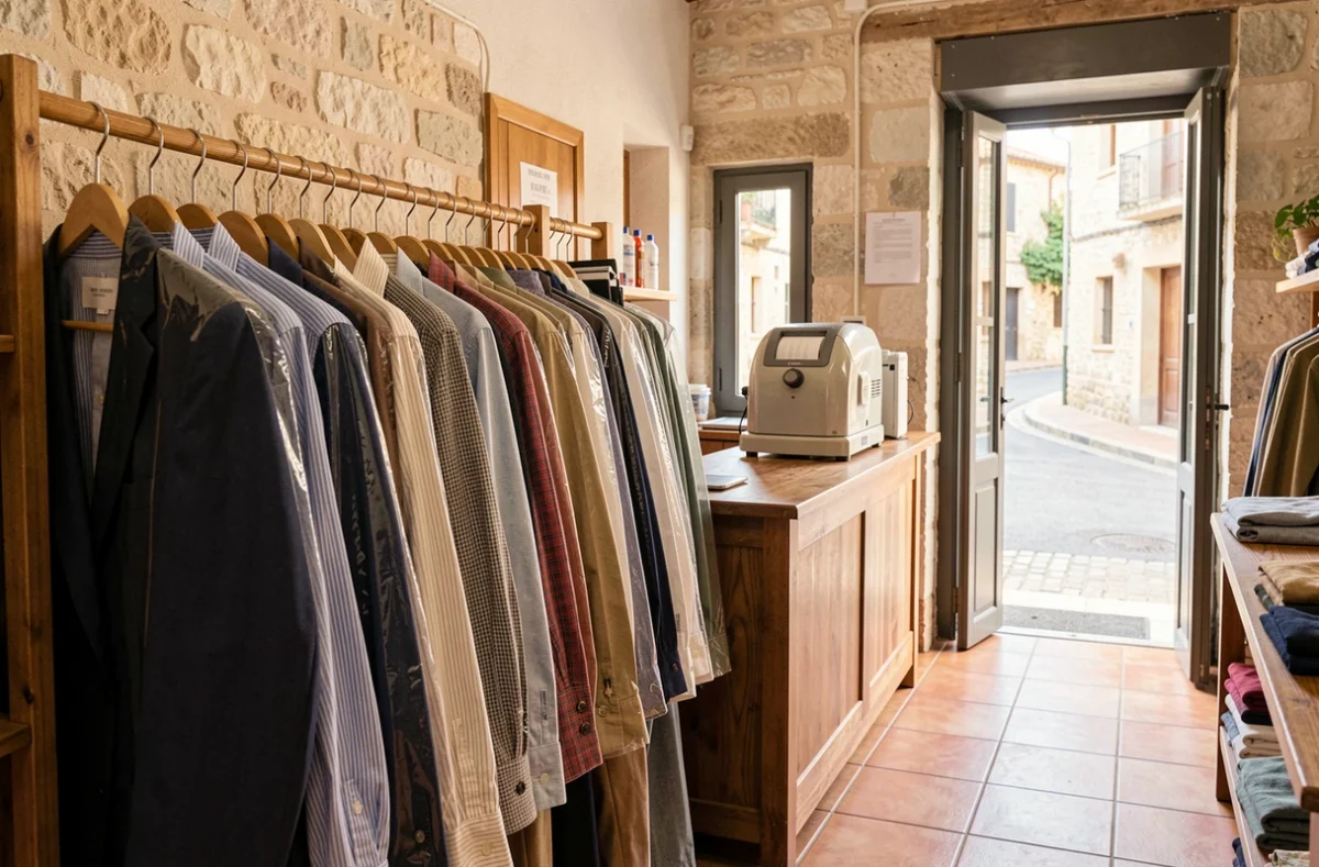 Intérieur d'un pressing artisanal en Occitanie avec des vêtements propres suspendus sur un rail