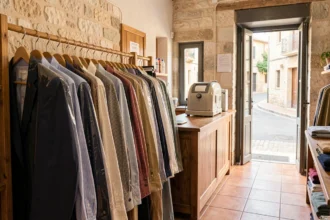 Intérieur d'un pressing artisanal en Occitanie avec des vêtements propres suspendus sur un rail