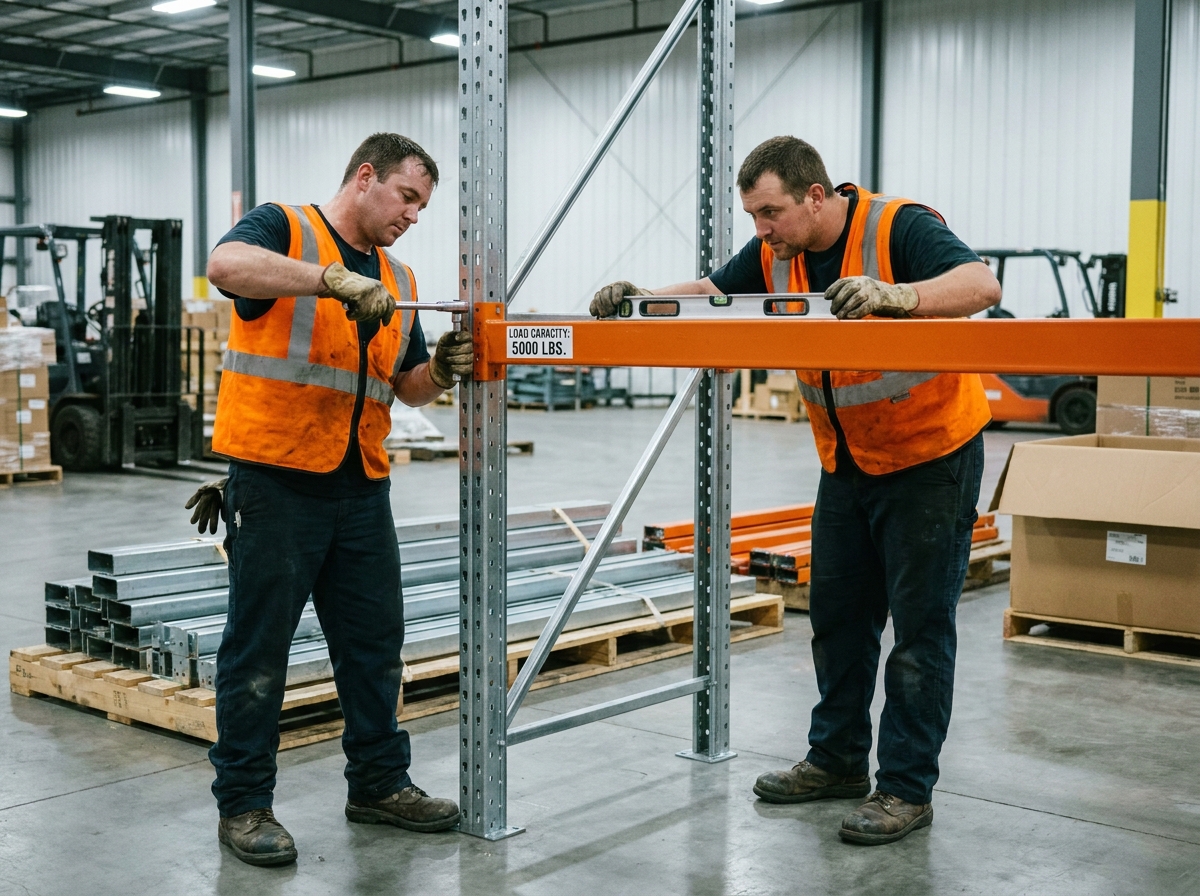 Techniciens en train de monter des rayonnages à palettes industriels dans un entrepôt logistique à Bordeaux