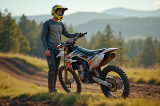 Jeune homme en motocross prenant une pause en extérieur