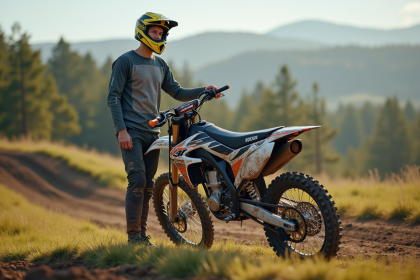 Jeune homme en motocross prenant une pause en extérieur