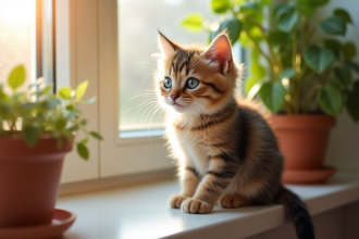 Chat munchkin assis sur une fenêtre ensoleillée
