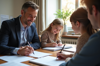 Notaire souriant avec famille signant documents d'adoption