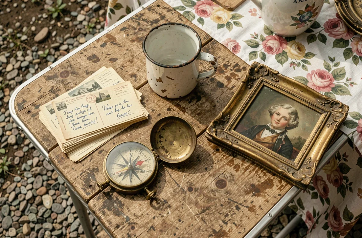 Objets chinés et trouvailles vintage disposés sur une table de vide grenier dans les Alpes-Maritimes