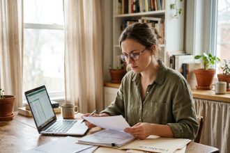 Femme préparant son départ à l'étranger plusieurs mois en organisant des documents administratifs à la maison