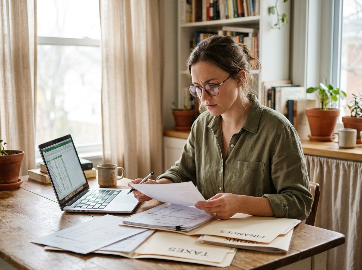 Femme préparant son départ à l'étranger plusieurs mois en organisant des documents administratifs à la maison