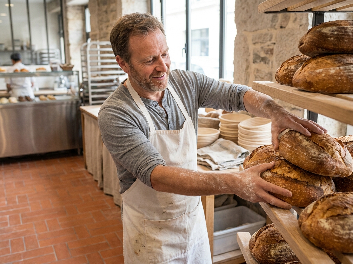 Boulanger professionnel organisant des pains artisanaux sur des étagères en bois dans une boulangerie bien rangée, séparée d'un espace pâtisserie en arrière-plan