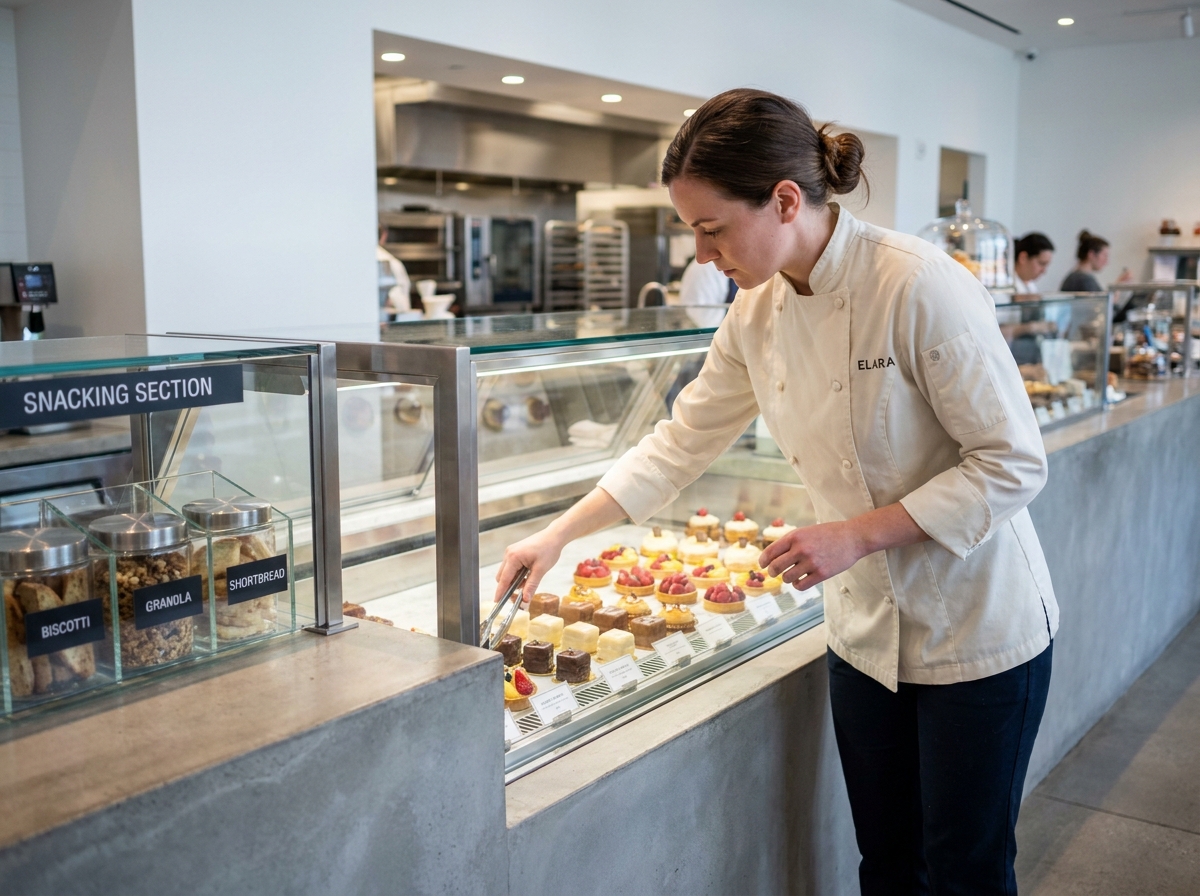 Cheffe pâtissière rangeant des pâtisseries fines dans une vitrine réfrigérée d'une pâtisserie haut de gamme, avec un espace snacking clairement séparé