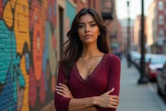 Femme latina en robe bordeaux devant des murales urbaines du Bronx, illustrant les racines culturelles portoricaines de Jennifer Lopez