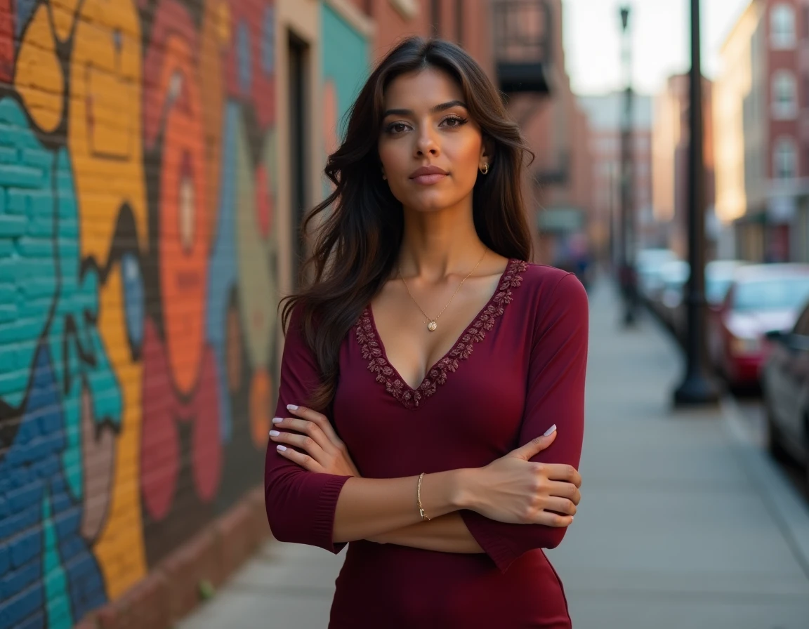 Femme latina en robe bordeaux devant des murales urbaines du Bronx, illustrant les racines culturelles portoricaines de Jennifer Lopez