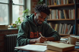 Artiste de rap Oskoow assis à son bureau encombré d'un studio d'appartement, souriant devant ses carnets de textes raturés, ambiance créative authentique
