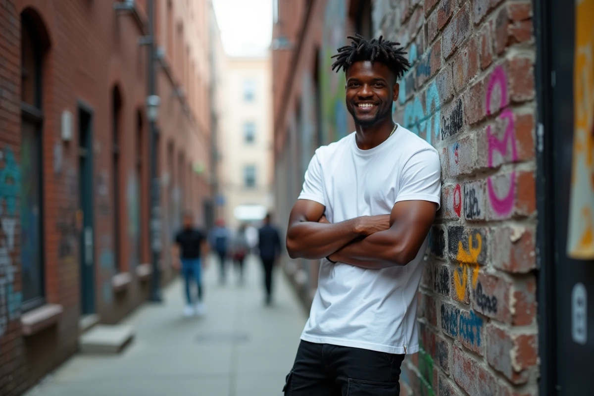 Rappeur Oskoow posant dans une ruelle urbaine avec des tags et affiches de concerts, regard confiant et expression ironique, esthétique street authentique