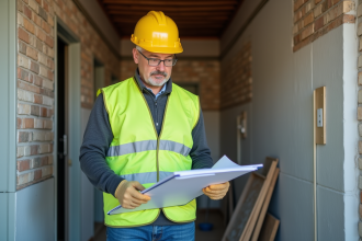 Ouvrier en safety vest étudie plans de renovation