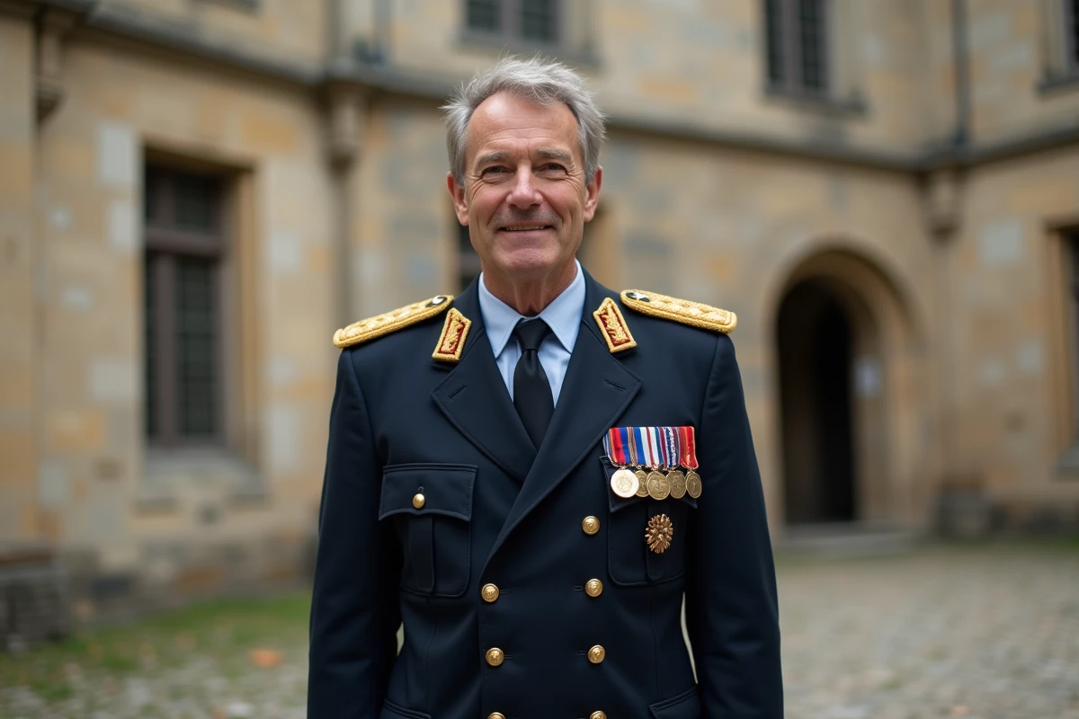 Portrait officiel d'un militaire français en uniforme de cérémonie devant une académie militaire historique