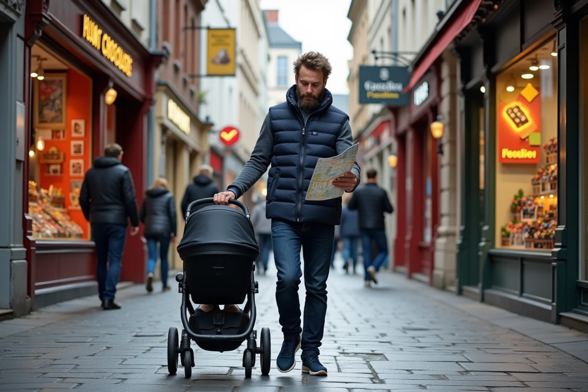 Père avec poussette consultant un plan dans une ruelle touristique près du Manneken-Pis à Bruxelles