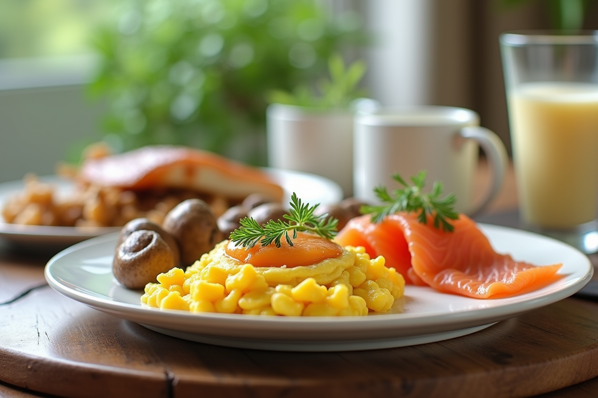 Petit déjeuner appétissant avec œufs brouillés et saumon fumé