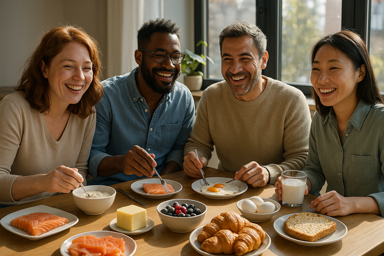 Groupe de personnes souriantes dégustant un petit déjeuner riche en vitamine B12