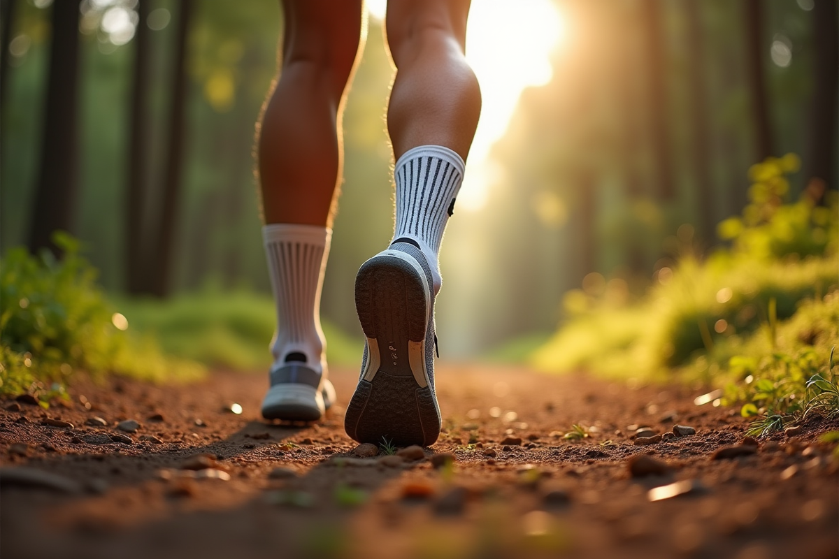 Pied de coureur en pleine foulée sur sentier forestier