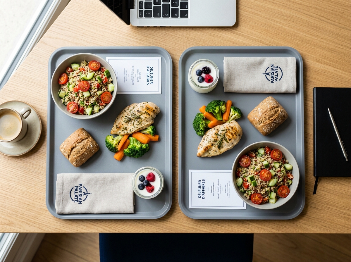 Vue en plongée de deux plateaux-repas d'entreprise livrés sur un bureau dans un bureau parisien