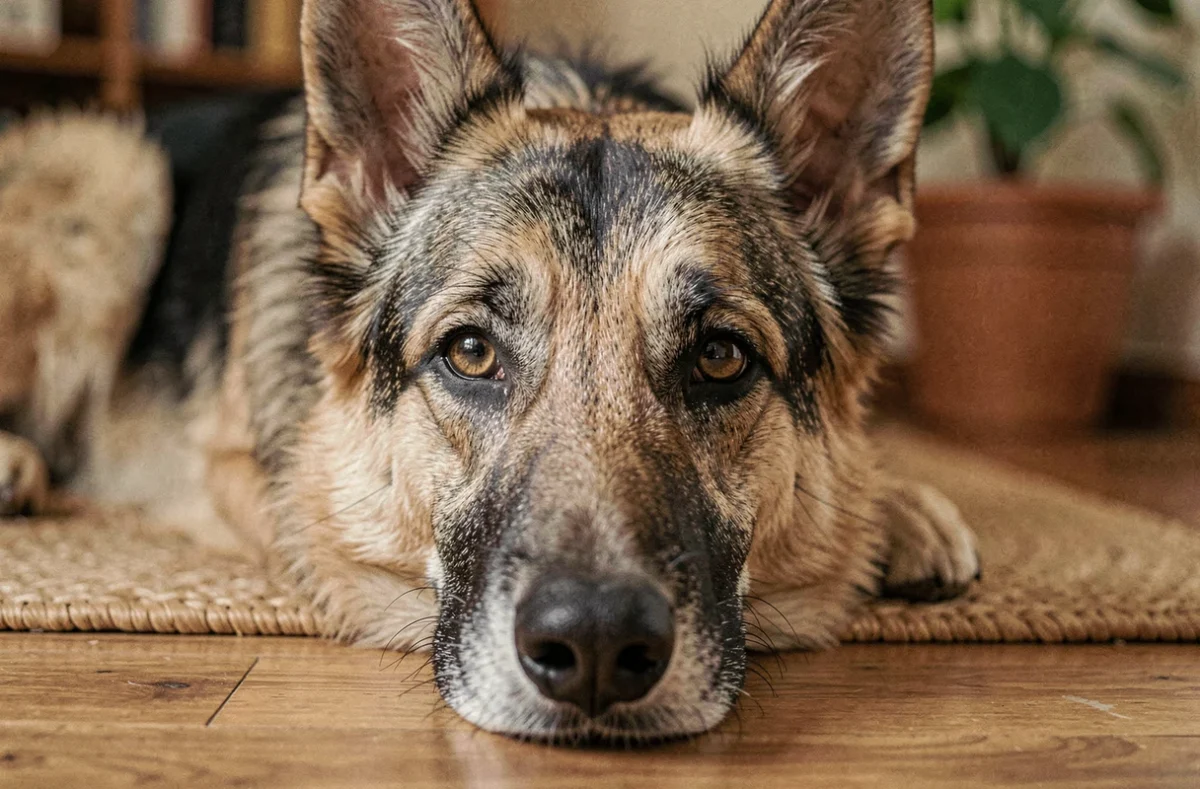 Portrait rapproché d'un berger allemand senior au museau grisonnant posé sur le sol, symbolisant la dignité et la vulnérabilité d'un vieux chien nécessitant une bonne couverture d'assurance