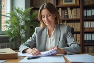 Femme organisant des documents officiels sur un bureau en bois pour préparer une consultation notariale