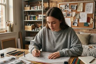Jeune femme préparant des études de design sur un bureau encombré de croquis et de références visuelles dans un studio étudiant