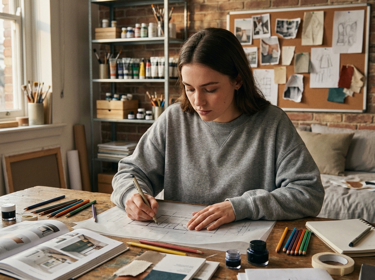 Jeune femme préparant des études de design sur un bureau encombré de croquis et de références visuelles dans un studio étudiant