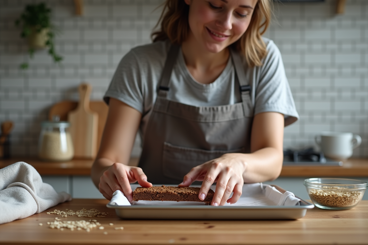 Jeune femme préparant des barres de protéine maison dans la cuisine