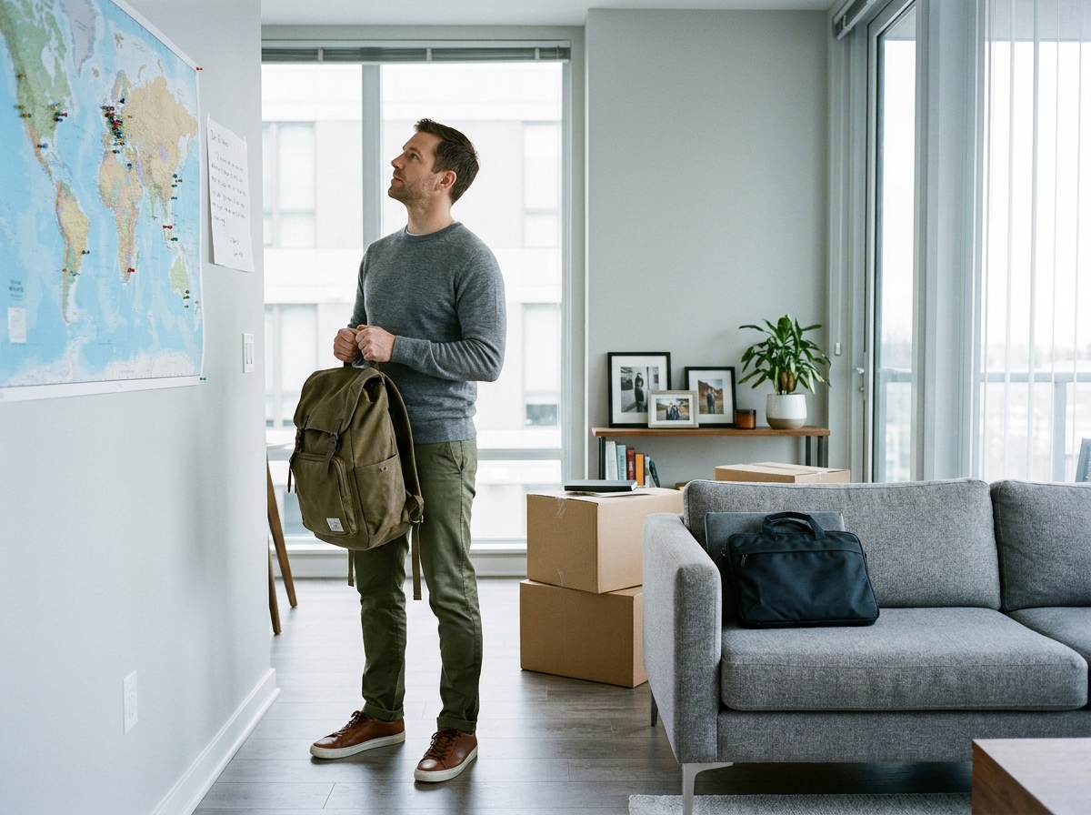 Homme préparant son sac et sa checklist avant un départ de plusieurs mois à l'étranger dans son appartement