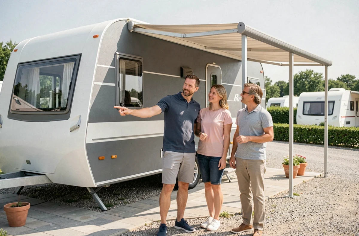 Un père de famille présentant les caractéristiques extérieures d'un grand mobil-home premium à un autre couple dans un camping