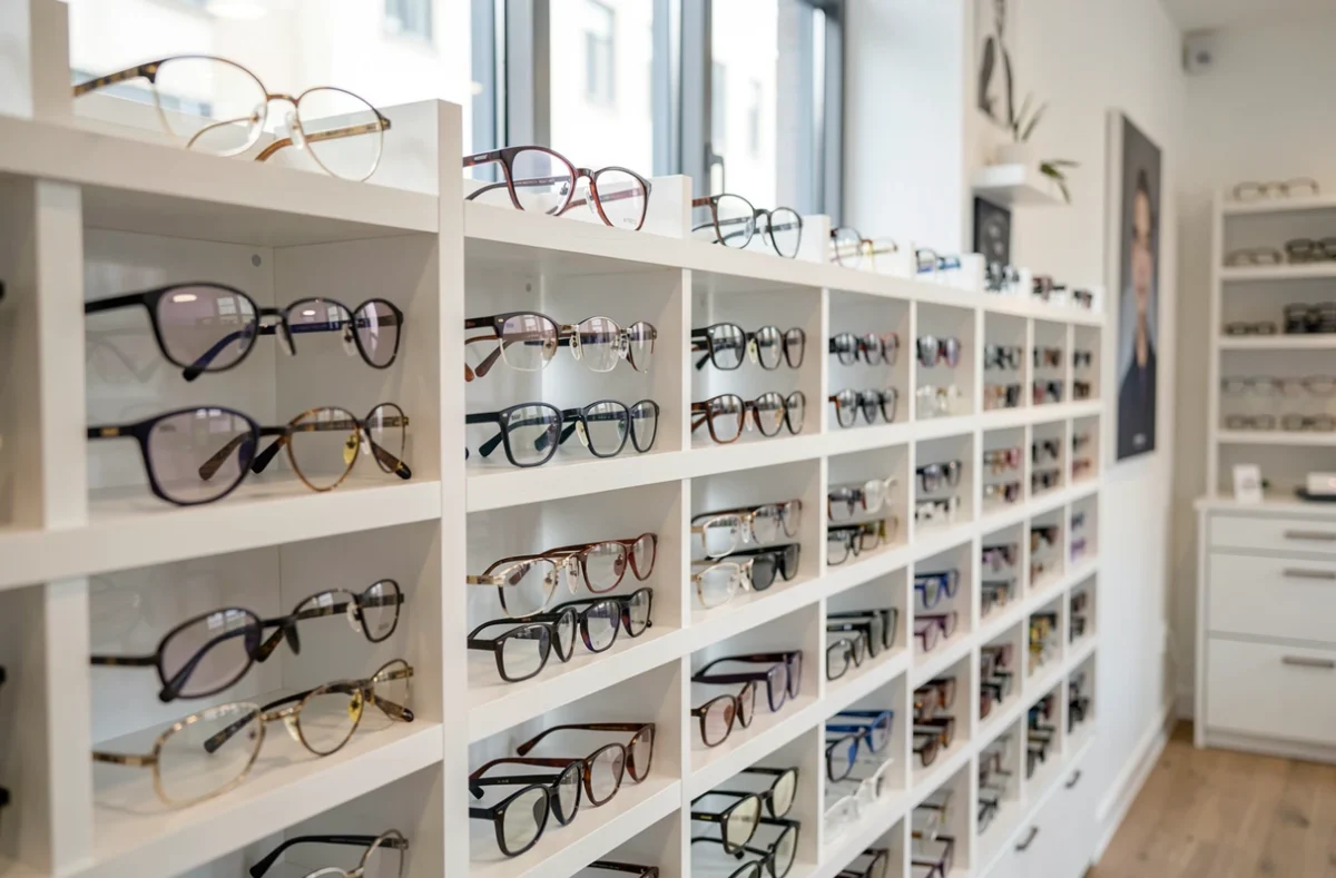 Présentoir de montures de lunettes dans un magasin d'optique