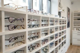 Présentoir de montures de lunettes dans un magasin d'optique
