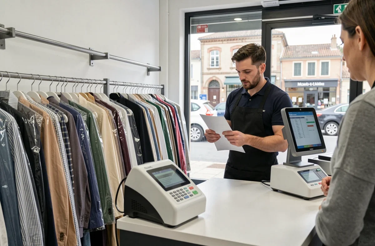 Employé de Press Alliance à Montauban vérifiant une commande avec un client devant un rail de vêtements nettoyés