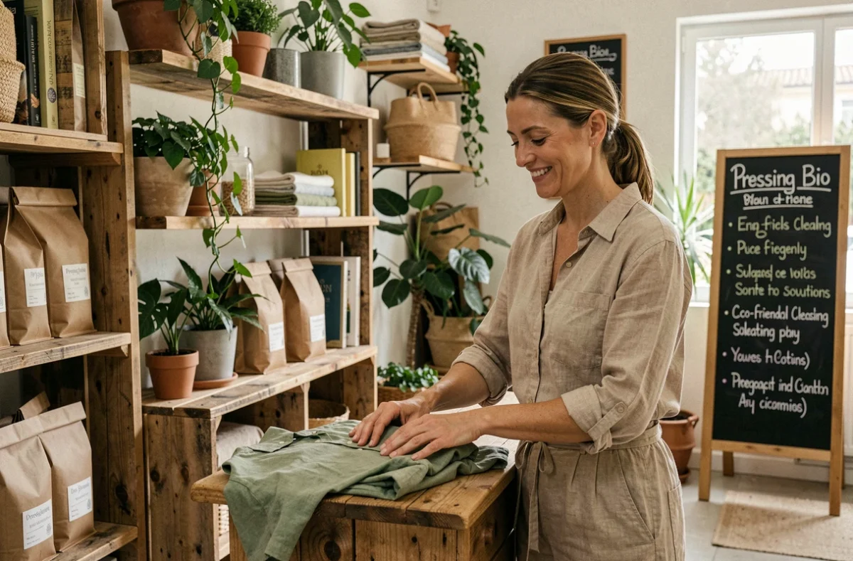 Employée du Pressing Bio présentant une chemise en coton biologique dans une boutique écologique décorée naturellement
