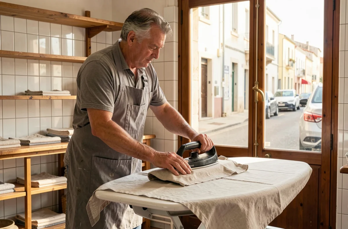 Gérant du Pressing Ciotaden repassant une nappe en lin dans sa boutique de La Ciotat