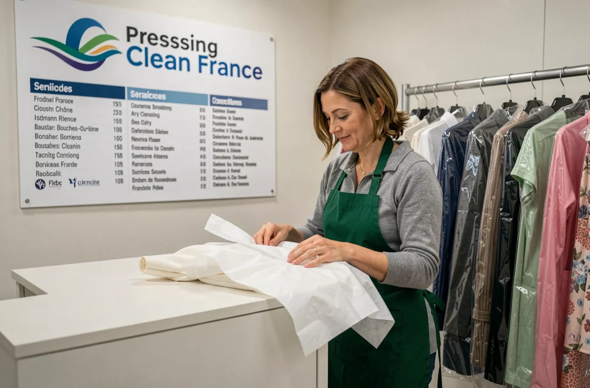 Employée de Pressing Clean France emballant soigneusement une robe de soirée repassée