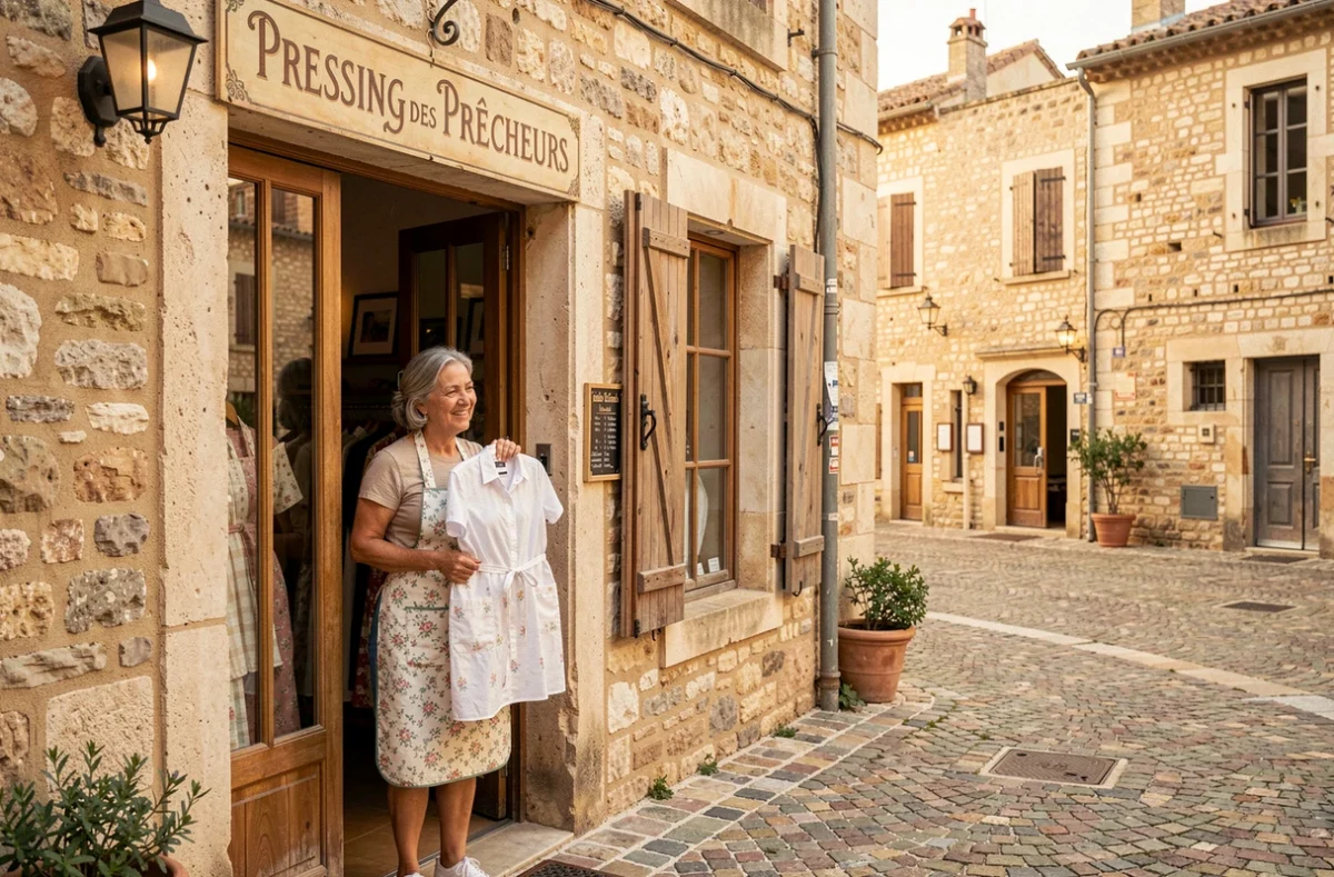 Gérante du Pressing des Prêcheurs devant sa boutique traditionnelle sur la place des Prêcheurs à Aix-en-Provence
