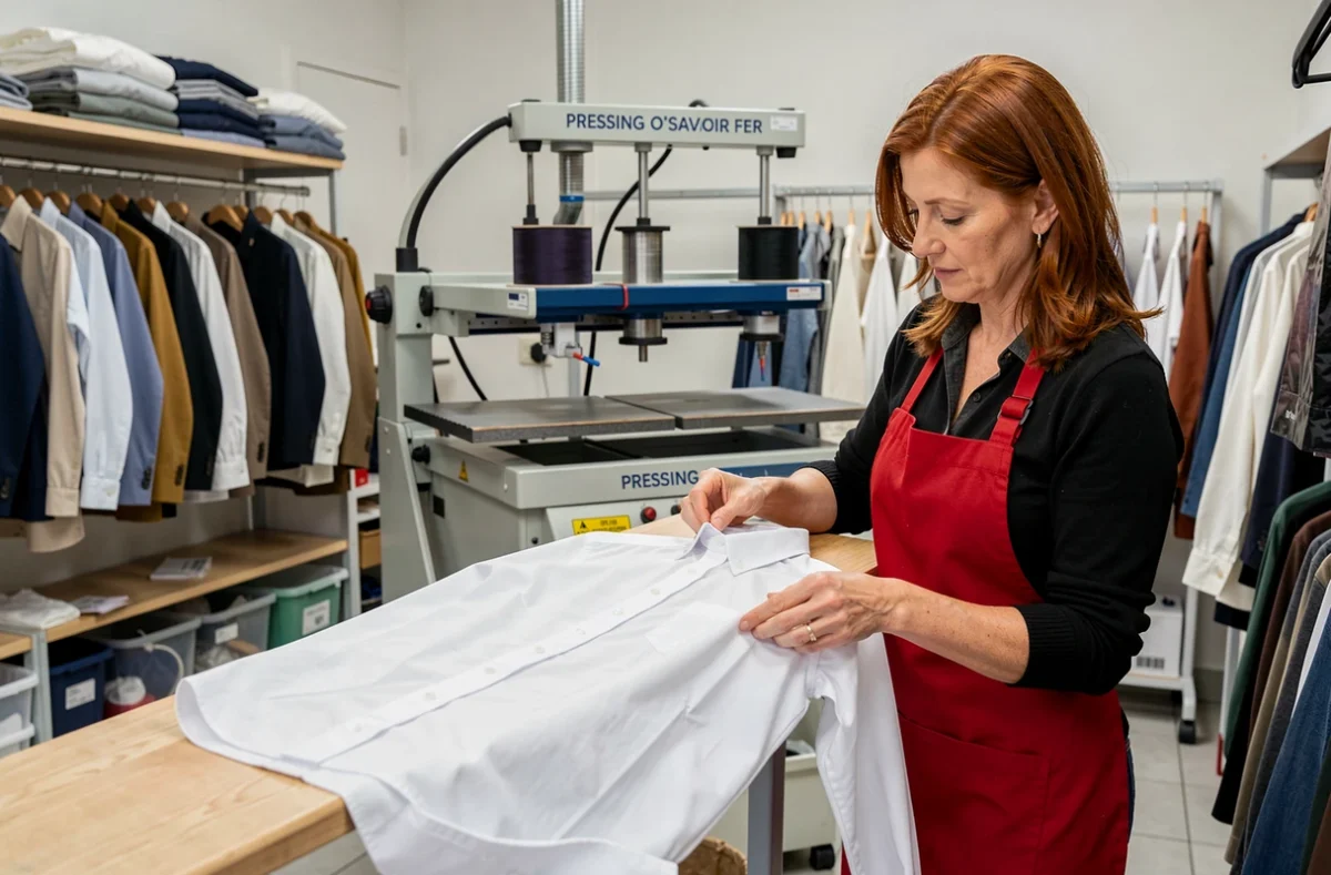 Employée de Pressing O'Savoir Fer finissant une chemise blanche sur une planche à manches