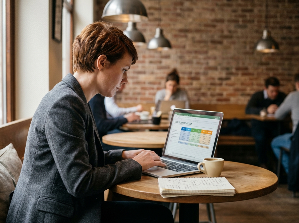 Femme dirigeante consultant ses prévisions de trésorerie sur ordinateur portable dans un espace de coworking