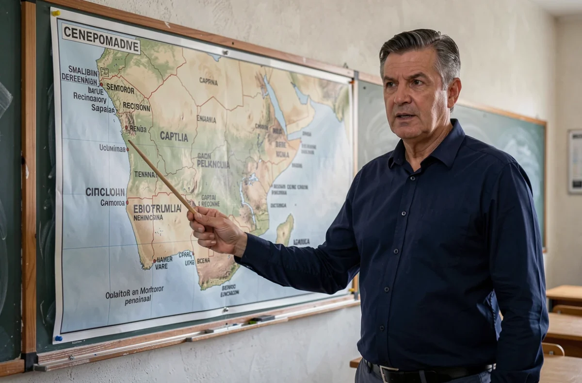 Professeur pointant la péninsule ibérique sur une carte des pays hispanophones dans une salle de classe