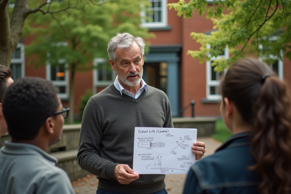 Professeur expliquant un diagramme dans la cour de l