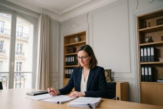 Professionnelle libérale du 16e arrondissement de Paris analysant des documents comptables dans son bureau haussmannien