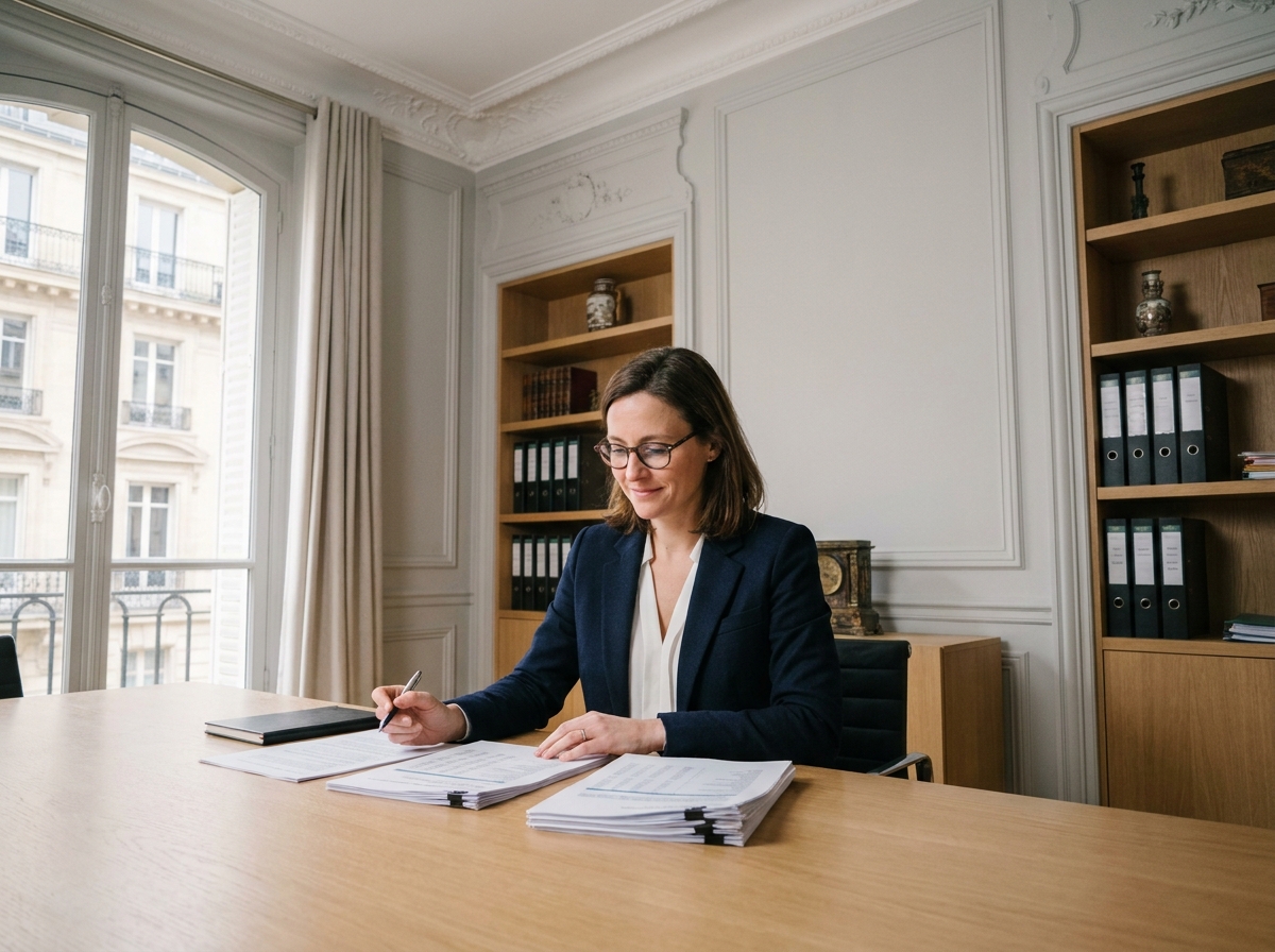 Professionnelle libérale du 16e arrondissement de Paris analysant des documents comptables dans son bureau haussmannien